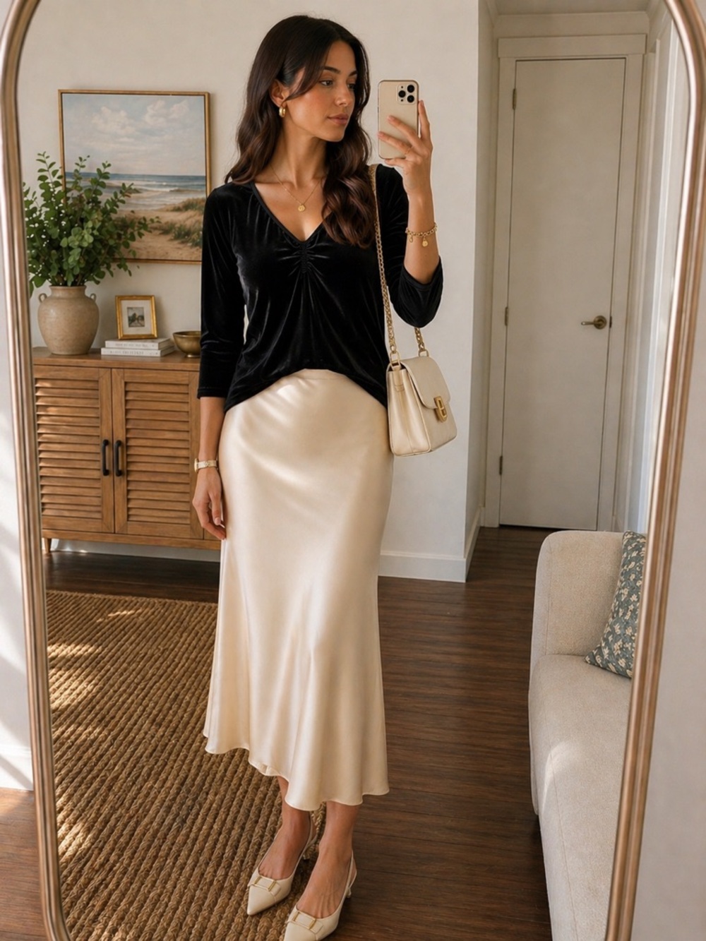 Vintage 90s Black Velvet Top 3/4 Sleeve Ruched V Neck Old Money Chic L XL